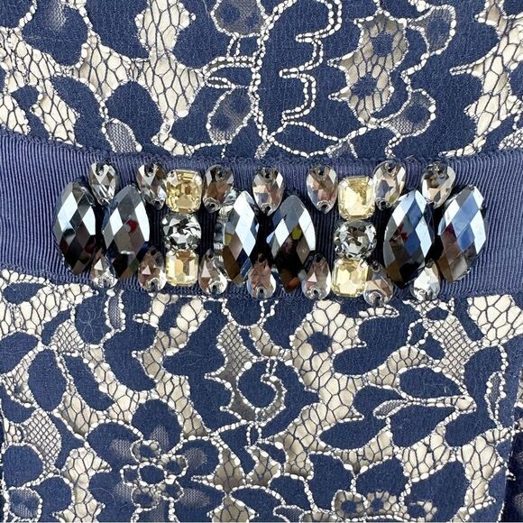 Eliza J | Navy Blue Fitted Lace-Overlay Dress Crystal Embellishment Open-Back 2P - Picture 5 of 14